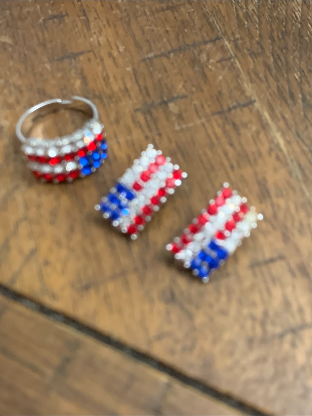 Patriotic Red, White & Blue Crystal Ring and Earring Set